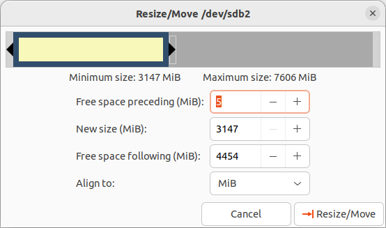 GParted: Partition resize dialog